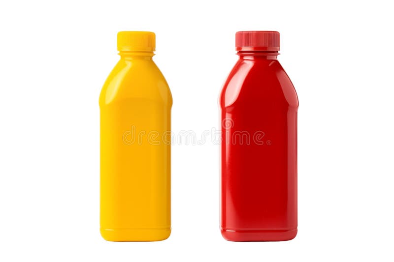 Blank ketchup bottle and blank mustard bottle isolated on transparent background. Generative ai royalty free illustration