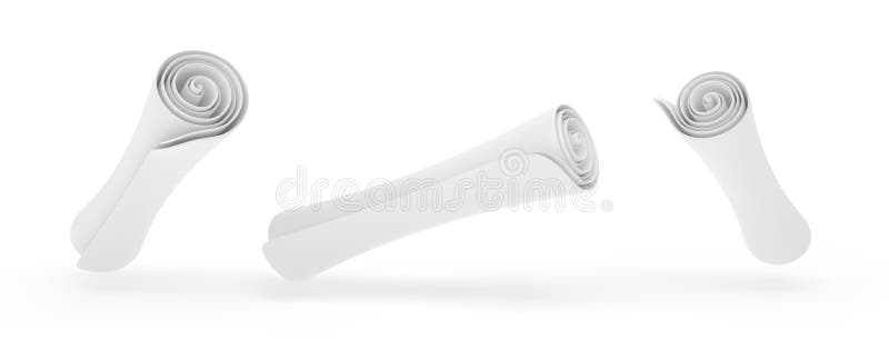 Blank rolled newspaper in different angles 3d render. Mock up daily paper press, journal, magazine, gazette or tabloid