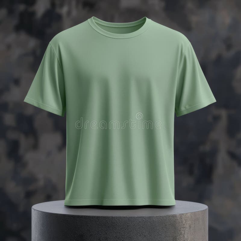 Blank Sage Green Cotton T-Shirt Apparel Mockup on Concrete Cylinder, Minimal Style, Front View royalty free illustration