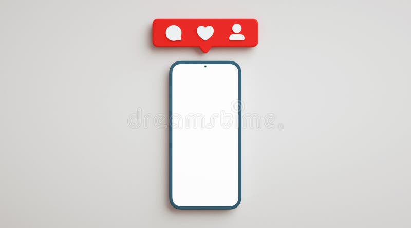 Blank screen phone mockup with social media notifications. Smartphone display in flat lay view with social network button stock illustration