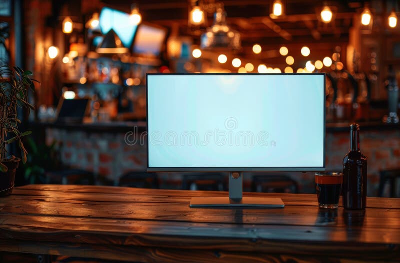 Blank Screen Television on Bar Counter in Evening Setting stock image