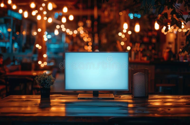 Blank Screen Television on Bar Counter in Evening Setting royalty free stock images