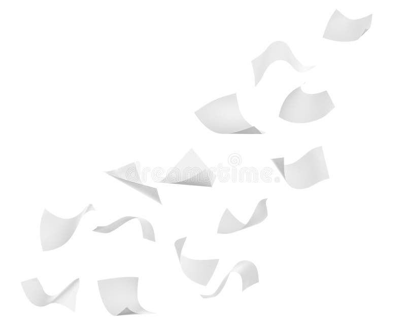 Blank sheets of paper flying on white background