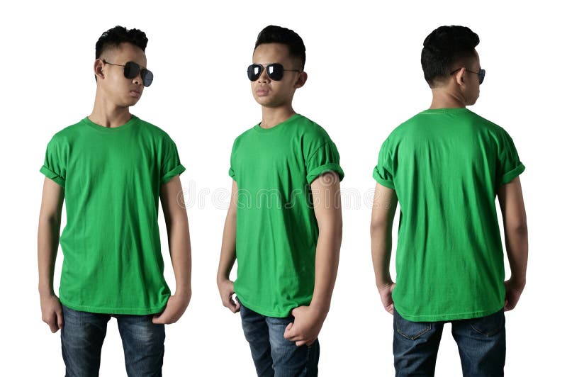Blank shirt mock up template, front, side and back view, Asian teenage male model wearing plain green t-shirt  on white. Tee design mockup presentation for print