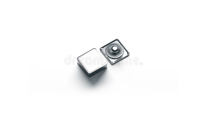 Blank square white metal snap button mockup isolated, 3d rendering. Empty clothing jeans clasp mock up, front and back side view. Clear metallic fastener for dressmaking and cloth branding. Button clasp stock images, royalty-free photos and pictures