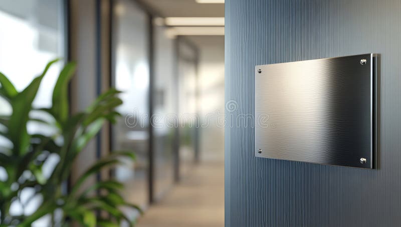 A blank stainless steel plate on the wall in a modern office. Generative AI. stock illustration