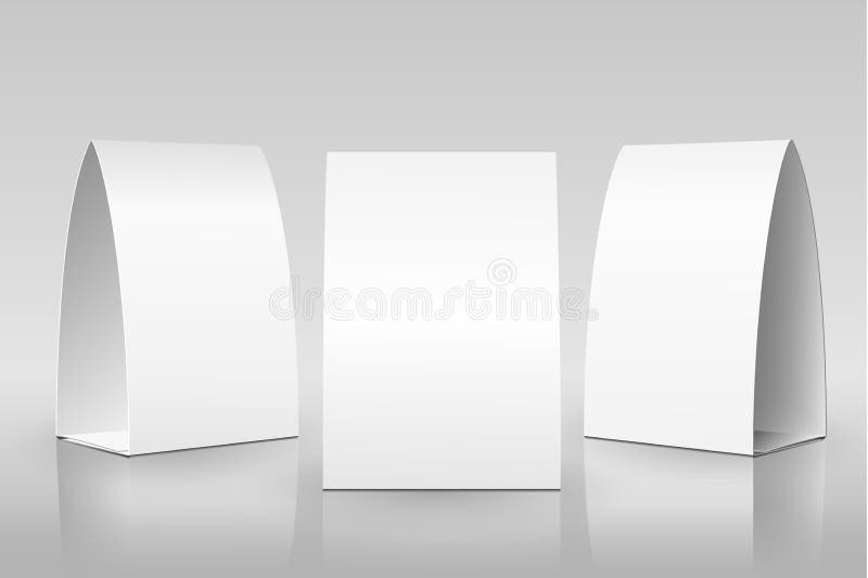 Blank Table Tent isolated on grey background. Paper vertical cards on white background with reflections royalty free illustration Blank Table Tent isolated on grey background. Paper vertical cards on white background with reflections royalty free illustration