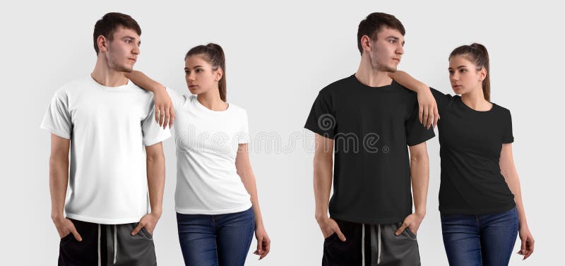 Blank textural t-shirt template, white, black clothes on a guy, a girl, isolated on the background.  Set