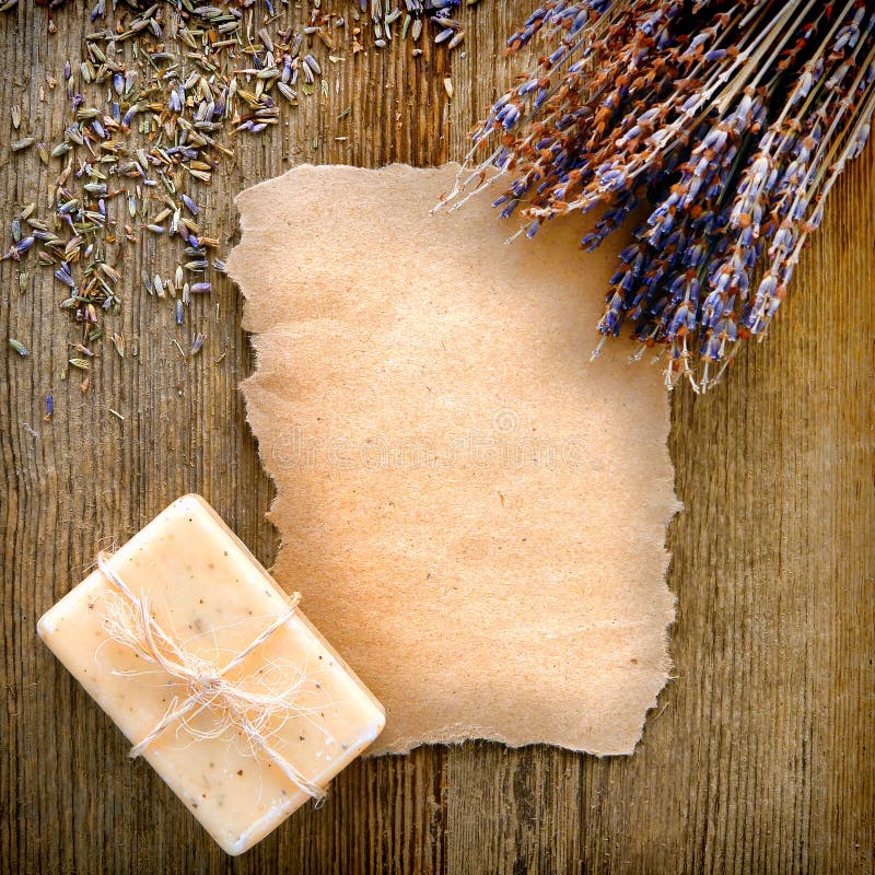 Blank Torn Paper with Lavender Flowers and Soap stock photos Blank Torn Paper with Lavender Flowers and Soap stock photos