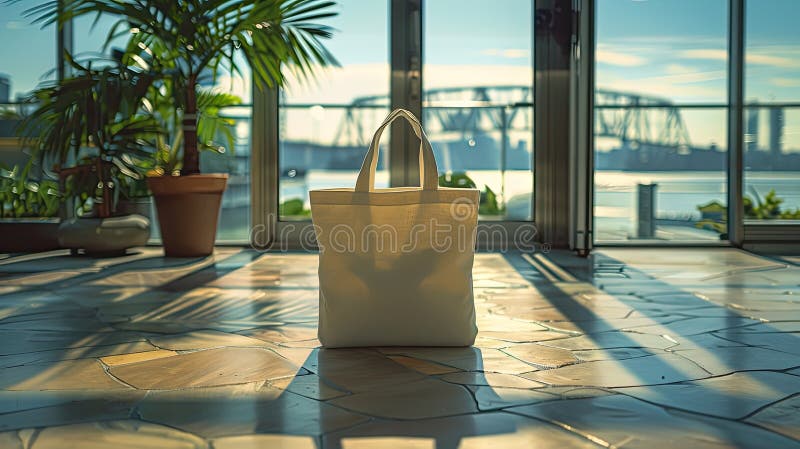 A blank tote bag mockup template in a realistic setting, featuring ample empty space for text placement. stock images