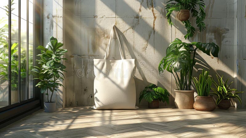 A blank tote bag mockup template in a realistic setting, featuring ample empty space for text placement AI generated