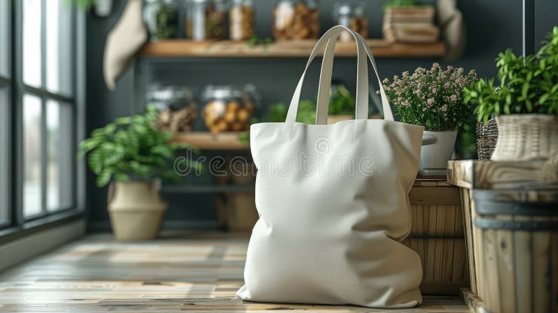 A blank tote bag mockup template in a realistic setting, featuring ample empty space for text placement. royalty free stock image