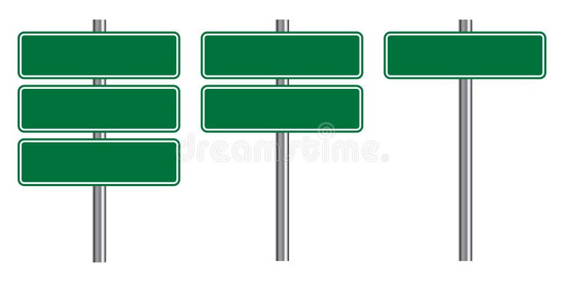 Blank traffic road sign set, empty street signs, green isolated on white background, vector illustration.