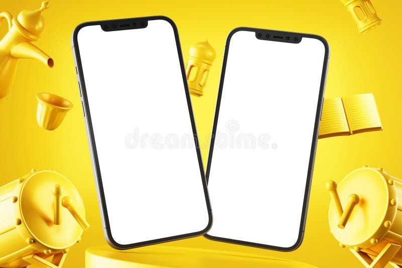 Blank two smart phone display mockup on floating golden scheme 3d platform composition creative rendering ramadan kareem eid royalty free stock photo