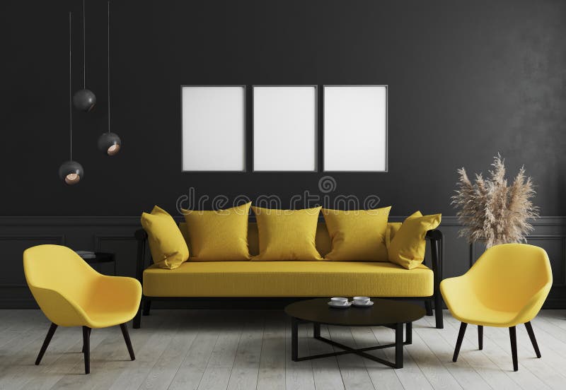 modernen gelbem stilvollem mauer vertikale leerer couchtisch armchair vertikaler rauminnenraum plakatrahmen verticale leere raum pampas dunklen wohnzimmerinnenraum entwurf gele zwarte