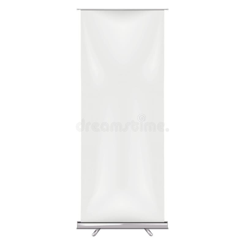 Blank vertical roll-up banner stand vector mock-up. Pull-up roller retractable standee mockup. White pop-up display