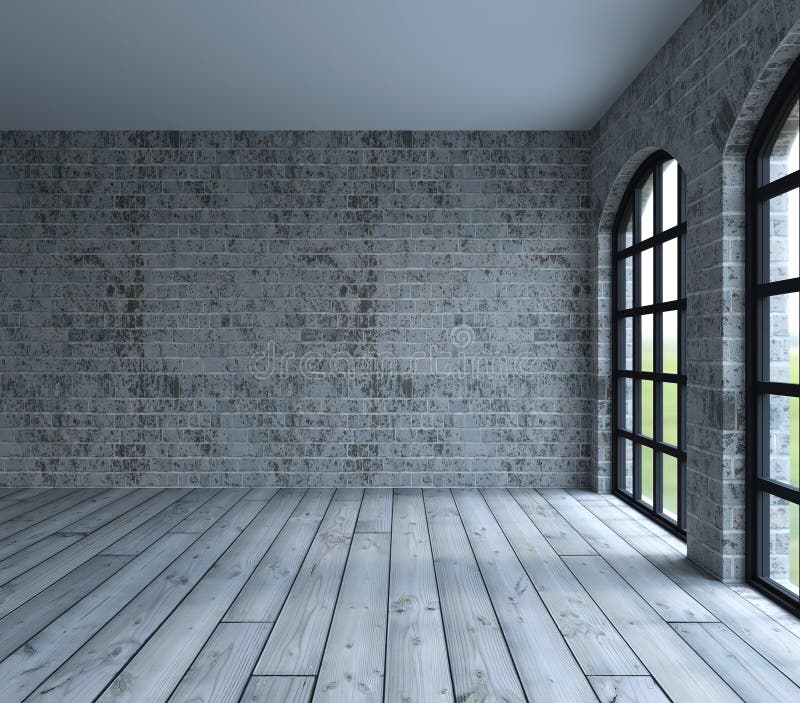 Blank wall in empty room with windows stock illustration
