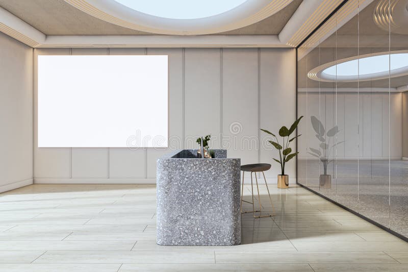 Blank wall mockup in modern reception area with terrazzo desk, skylight ceiling, and minimalist decor for branding display or royalty free illustration
