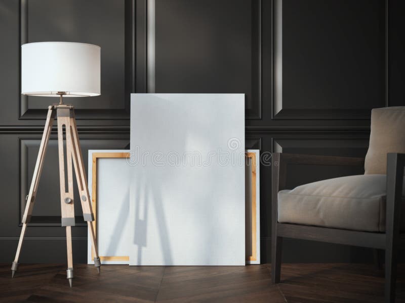 Blank white canvas in the black classic interior. stock image Blank white canvas in the black classic interior. stock image