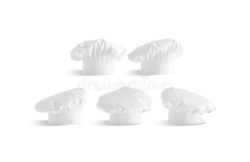 Blank white chef hat mockup, different angles views vector illustration