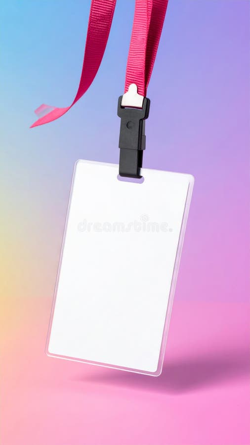Blank White ID Card with Pink Lanyard on Pastel Background stock illustration