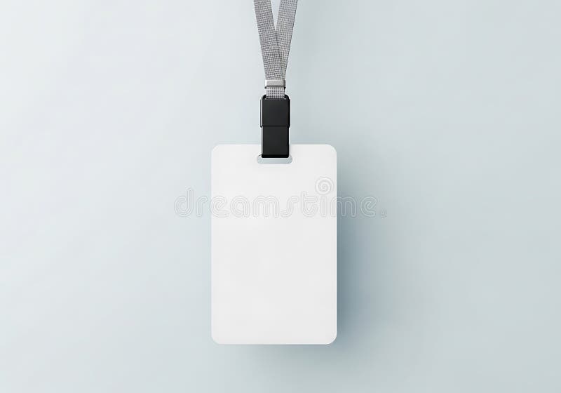 Blank white identity card with gray lanyard and black clip a hangs from plastic on light blue background ilustração royalty free