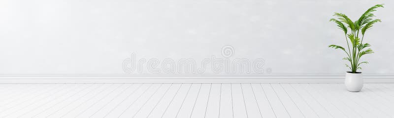 Blank white interior room background ,empty white walls c white wood floor wide banner , copy space display product of present