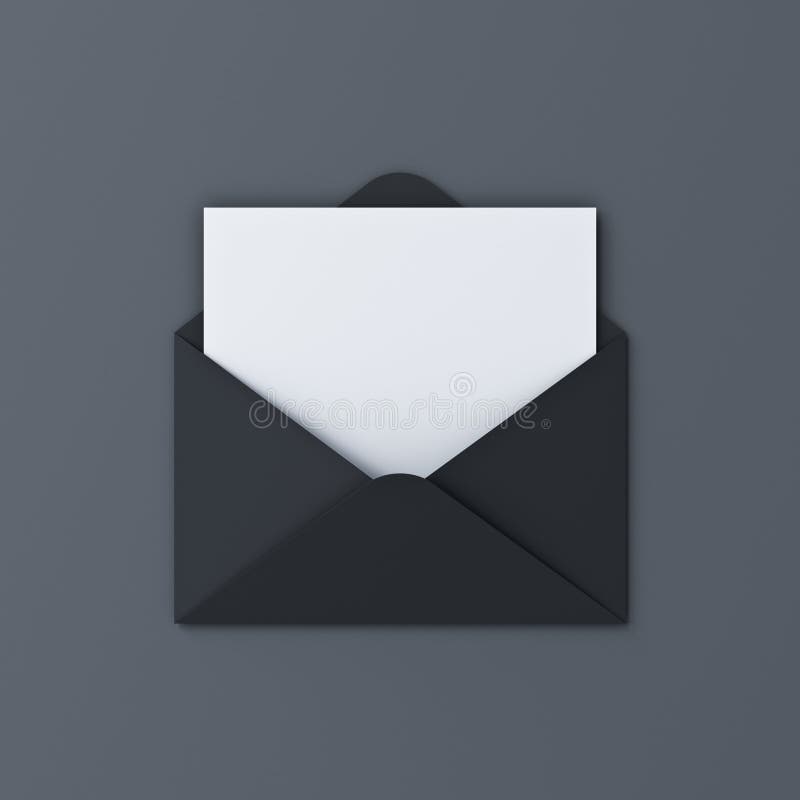 Blank white note paper sheet or card in unfolded black envelope isolated on black background with shadow minimal letter conceptual vector illustration