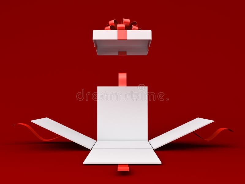 Blank white opening present box or open gift box with red ribbon and bow isolated on dark red background with shadow minimal royalty free illustration