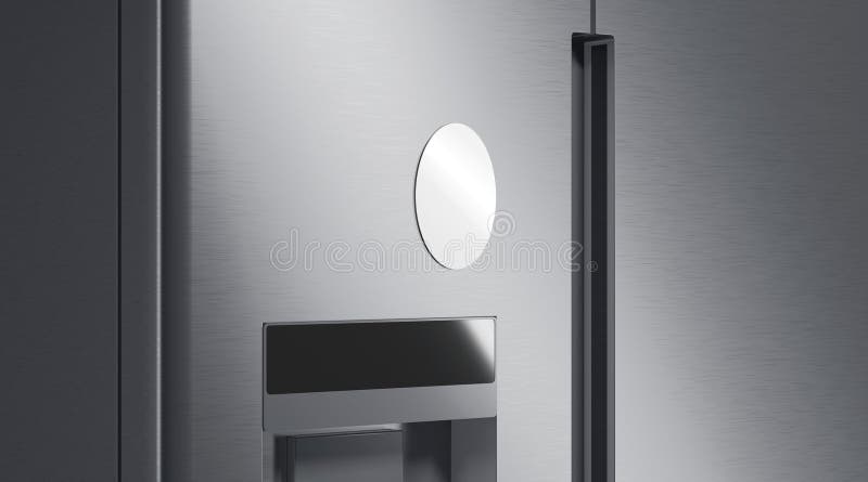Blank white oval magnet on fridge mockup, side view stock illustration