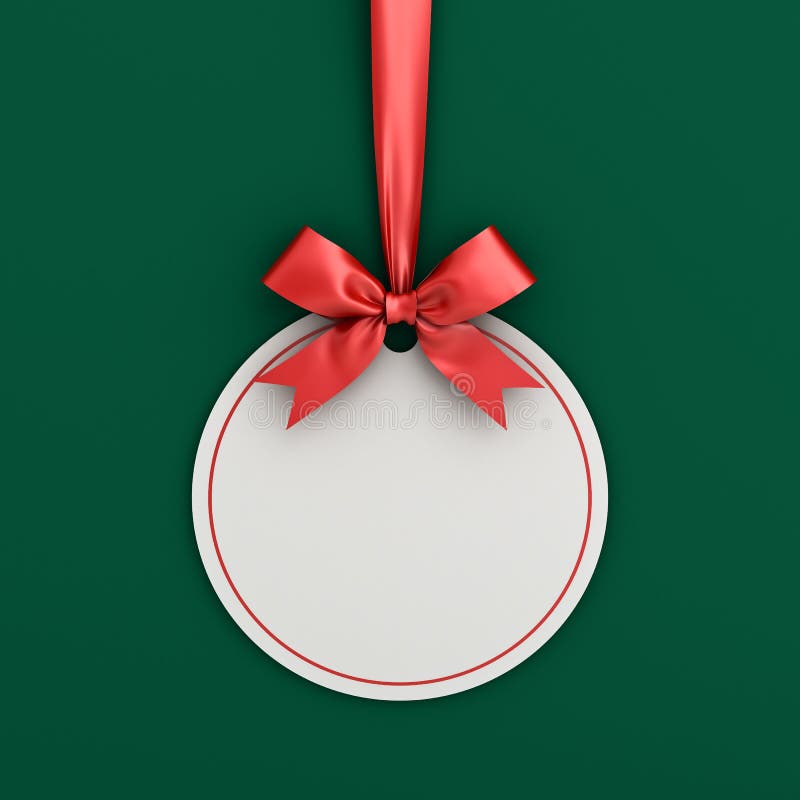 Blank white paper round christmas ball frame tag label card template hanging with shiny red ribbon and bow. Isolated on green background with shadow for stock photos Blank white paper round christmas ball frame tag label card template hanging with shiny red ribbon and bow. Isolated on green background with shadow for stock photos