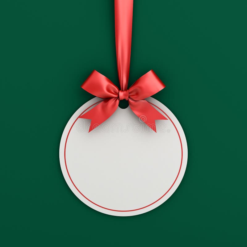 Blank white paper round christmas ball frame tag label card template hanging with shiny red ribbon and bow