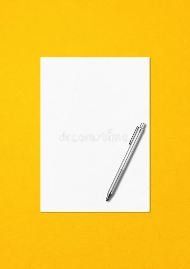 Blank White A4 Paper Sheet and Pen Mockup Template on Yellow Background ...