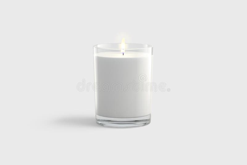 Blank white pillar candle in glass jar mockup, gray background