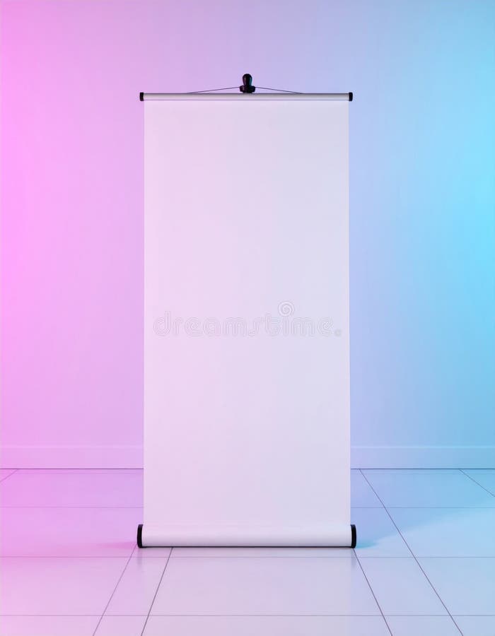 Blank White Retractable Banner in Pink and Blue Studio vector illustration