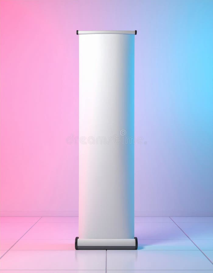 Blank White Rollup Banner Mockup with Pink and Blue Lighting royalty free illustration