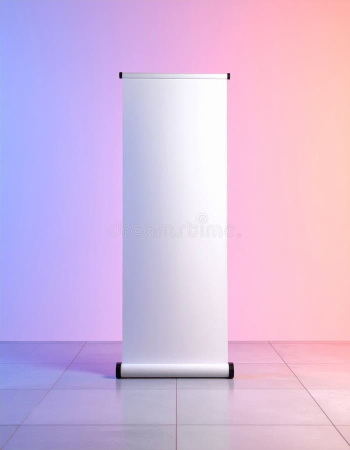 Blank White Rollup Banner Mockup on Pink Purple Background royalty free illustration