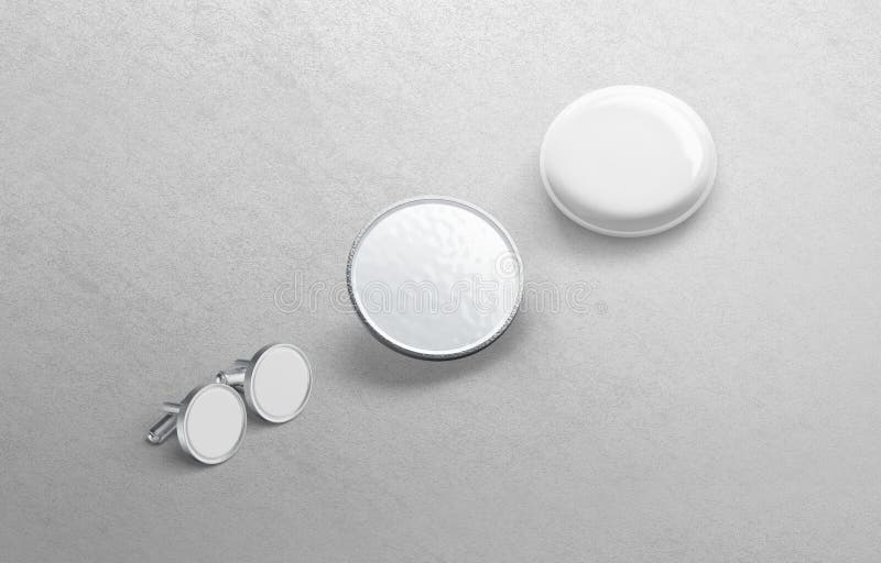 Blank white round pin mockup set, gray background stock illustration