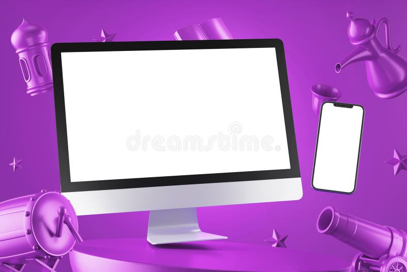 Blank white screen smartphone and computer desktop interface mockup on float purple scheme 3d podium abstract composition creative royalty free stock images