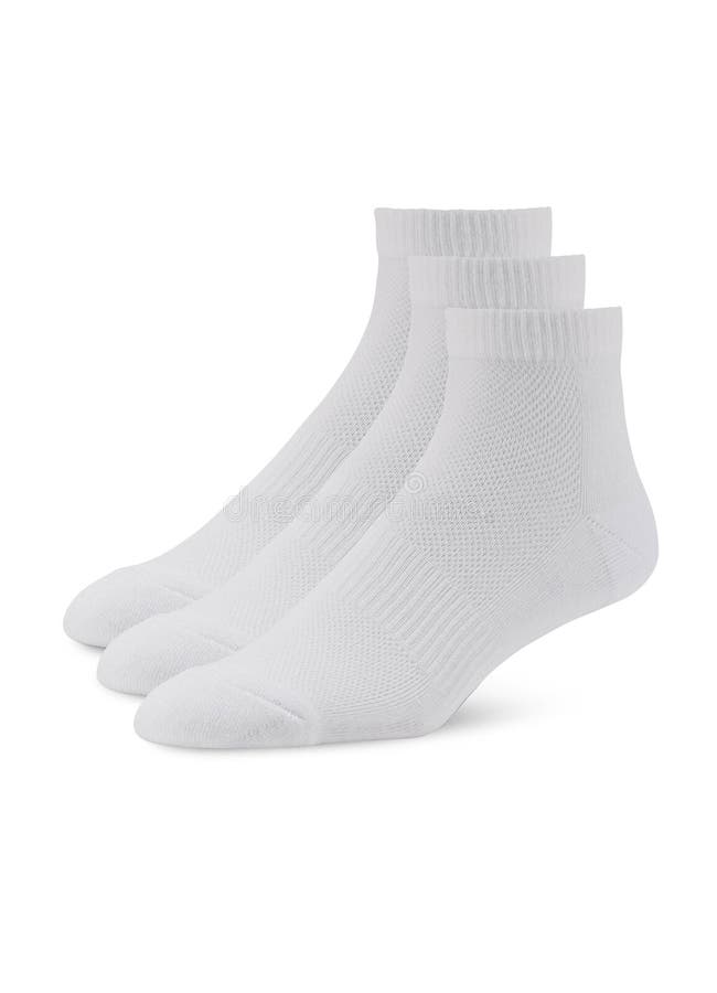 Blank white socks design mockup, isolated, clipping path. Pair sport crew cotton sock wear mock up. Long clear soft cloth stand stock photo