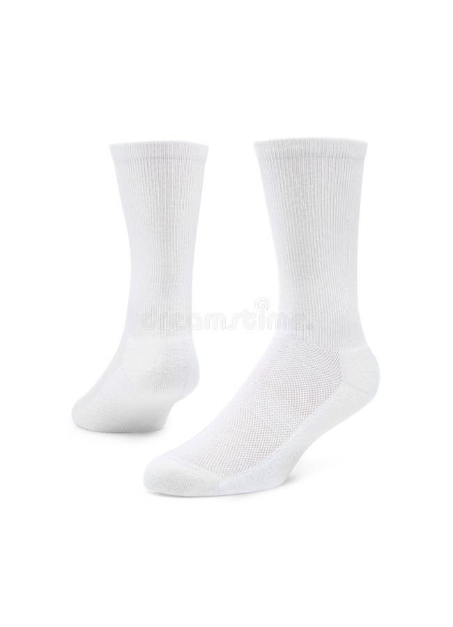 Blank white socks design mockup, isolated, clipping path. Pair sport crew cotton sock wear mock up. Long clear soft cloth stand royalty free stock image