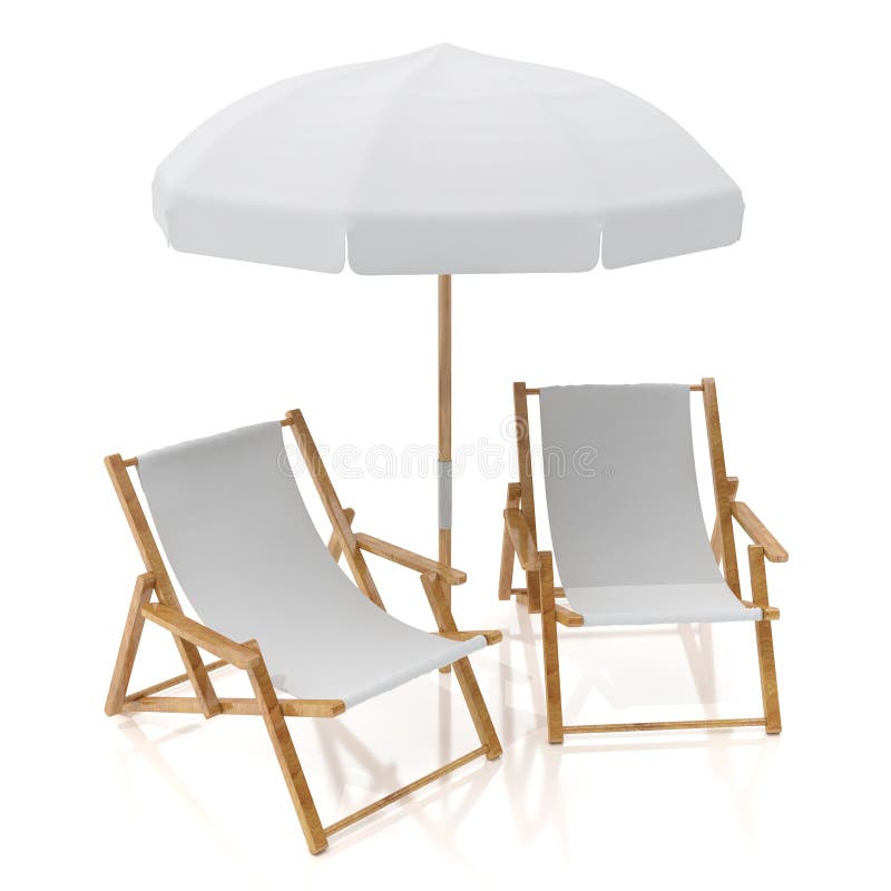 Blank white two sun chairs and umbrella isolated on white background