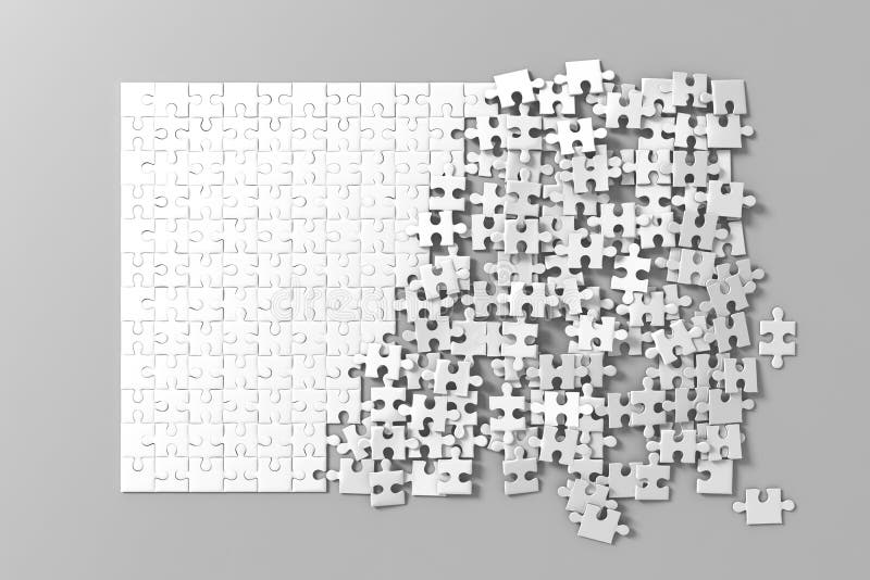 Blank white unfinished puzzles game mockup, connecting together