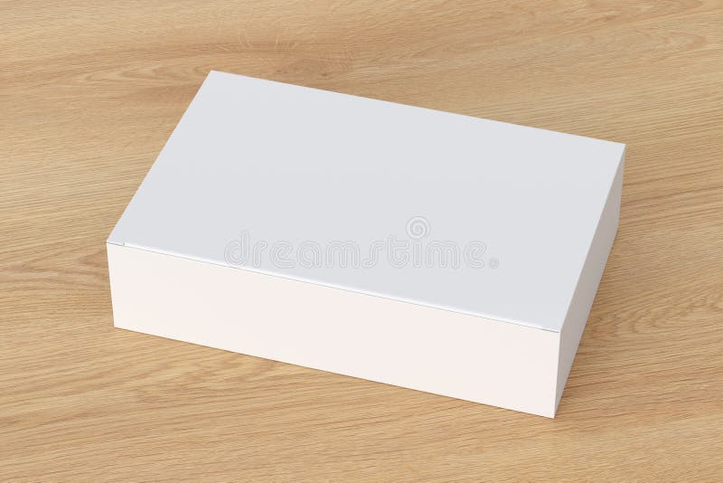 Blank white wide flat box with closed hinged flap lid on wooden background. vector illustration