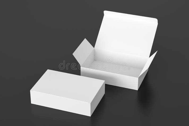 Blank white wide flat box with open and closed hinged flap lid on black background. stock illustration