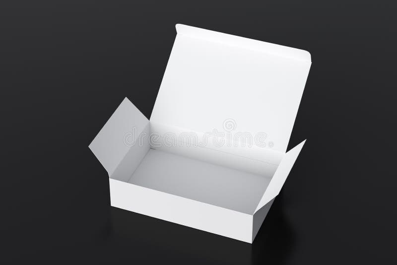 Blank white wide flat box with opened hinged flap lid on black background. stock illustration