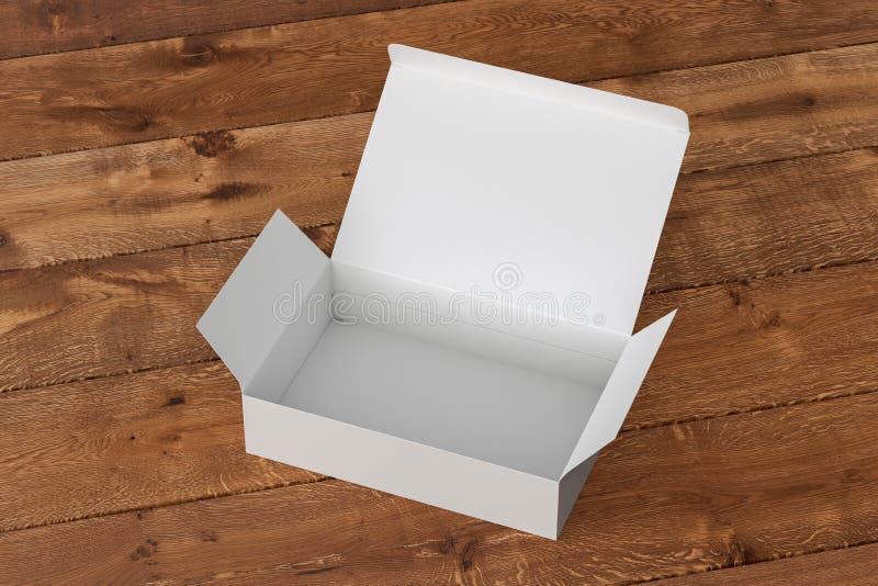 Blank white wide flat box with opened hinged flap lid on dark wooden background. Clipping path around box mock up. vector illustration
