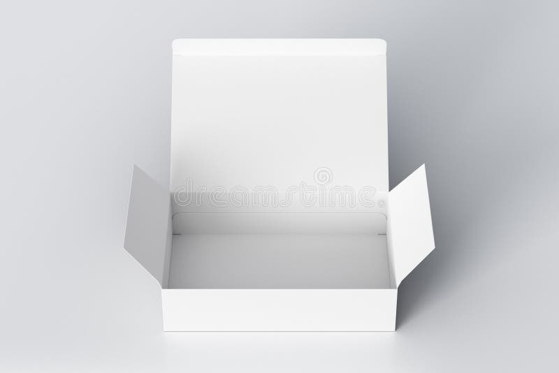 Blank white wide flat box with opened hinged flap lid on white background. stock illustration