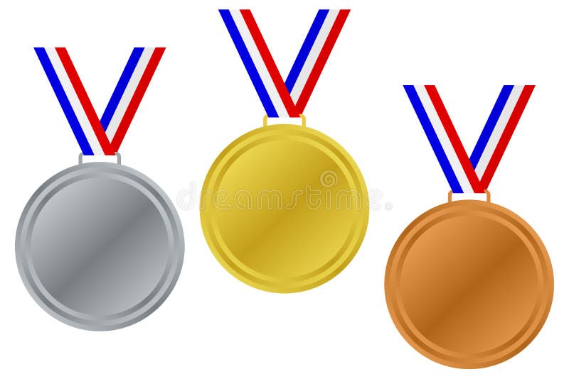 Kolekcia gold, silver a bronz prázdne medaily s trikolóra stuhy, izolované na bielom pozadí.