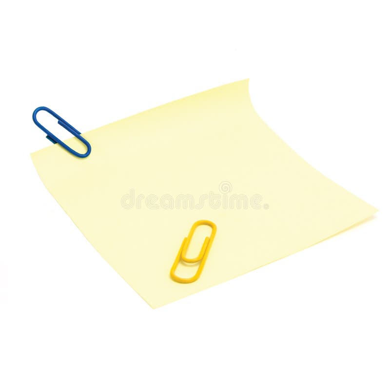 Blank empty yellow post-it sticky note sticker to-do list blue paperclips isolated copy space royalty free stock images